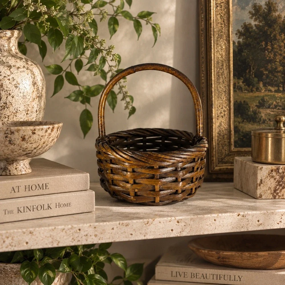 Dark Brown Woven Wicker Basket with Handle Round Rustic Farmhouse Decor 12in H
